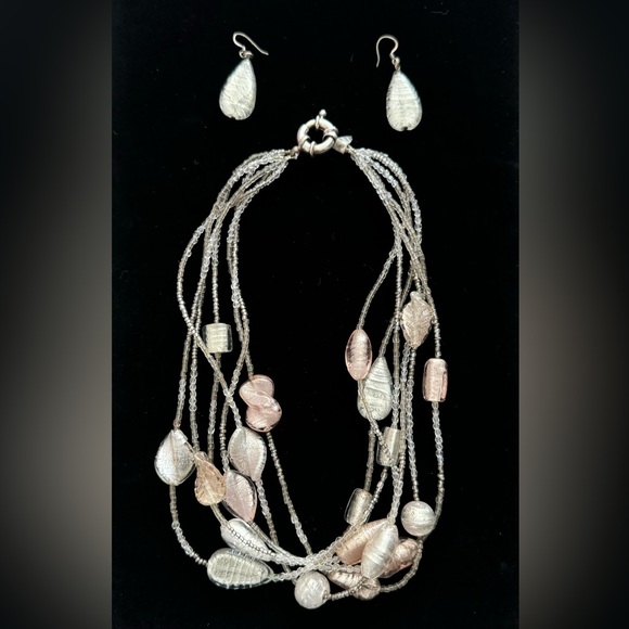Jewelry - SALE! Elegant Silver and Pink Art Glass Multi-Strand Necklace & Earrings Set